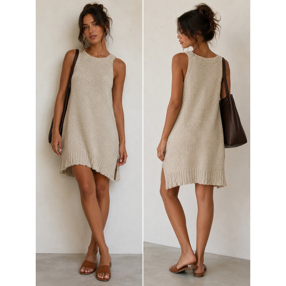 The Row Textured Knit Sleeveless Mini Shift Dress Beige S Quiet Luxury USA Chic